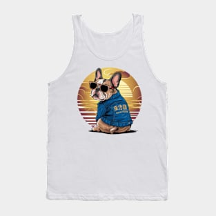 A vibrant vector illustration of a French Bulldog wearing sunglasses and a blue jean jacket, embodying a carefree(3) Tank Top